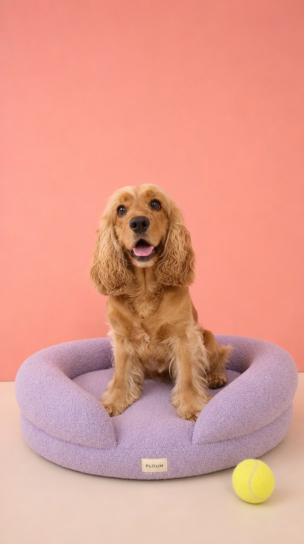 Chien sur un panier lilas Ploum Pets dans un décor rose