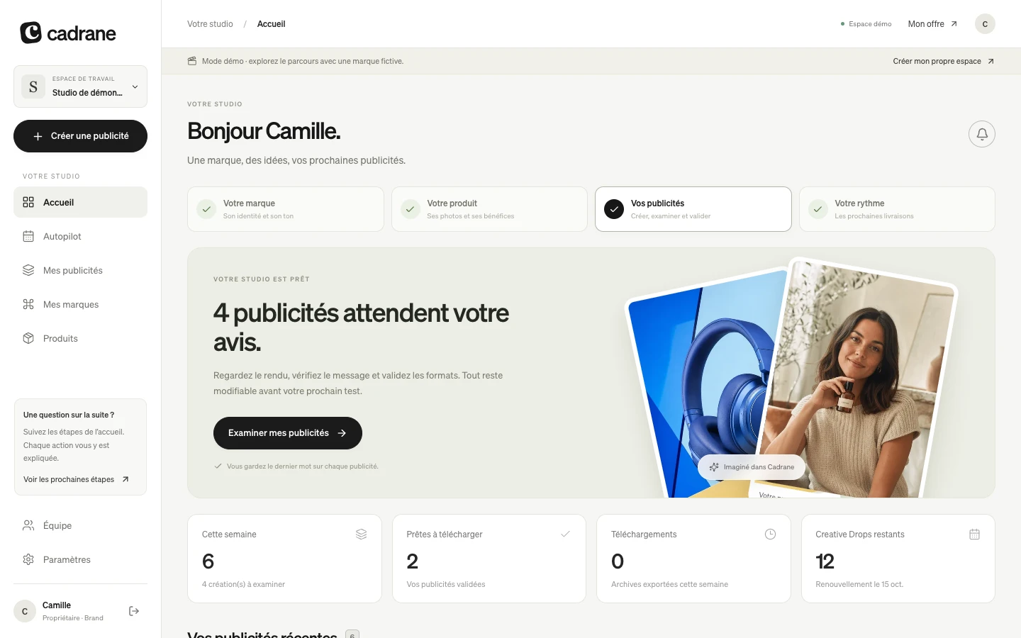 Tableau de bord Cadrane, espace de démonstration avec une marque fictive